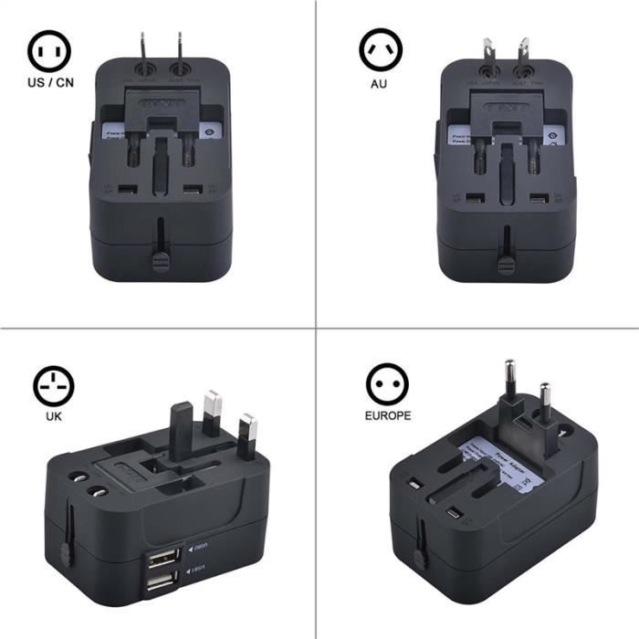 Universeller Reiseadapter/Ladegerät, US/EU/UK/AU mit 2 USB-Anschlüssen für Kameras, Mobiltelefone, Tablets, iPads, Schwarz