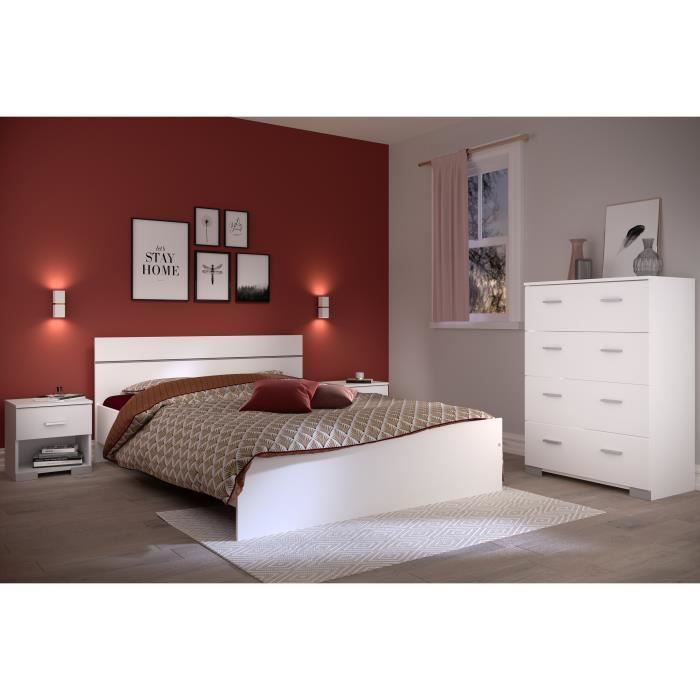Chambre complète BOSTON : Lit adulte 140x190 + Commode + 2 Chevets - Décor blanc - Fabriqué en France