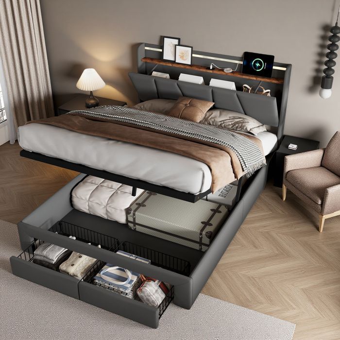 Cama de 140x190 cm - COZY - LED - USB - tela de lino - estructura de cama doble de 140x190 cm - gris antracita