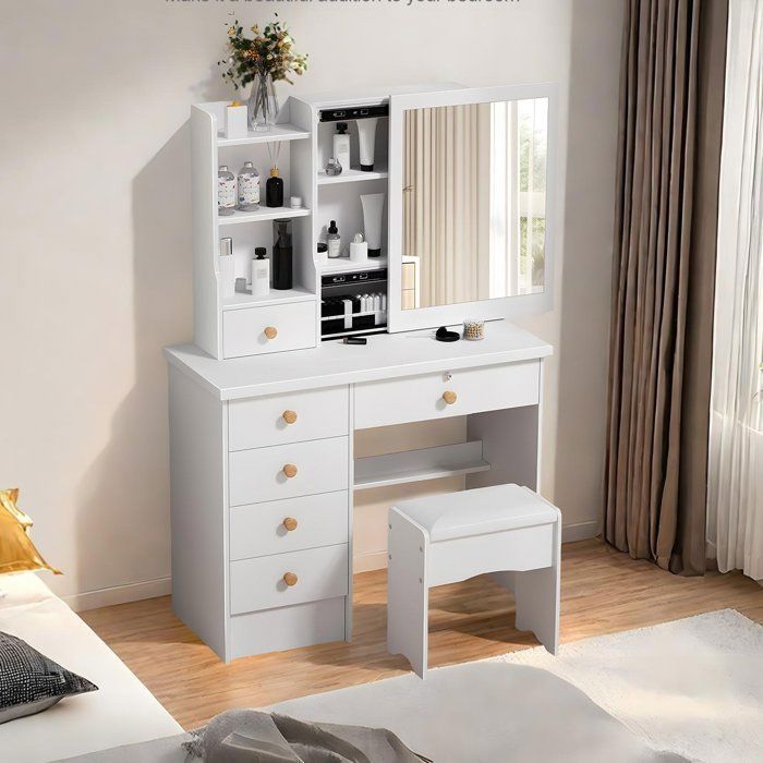 Dressing table with mirror and stool - BIPLUT - 6 Drawers - Hidden Storage - MDF Wood - Wooden Handles - 80x37x122 cm