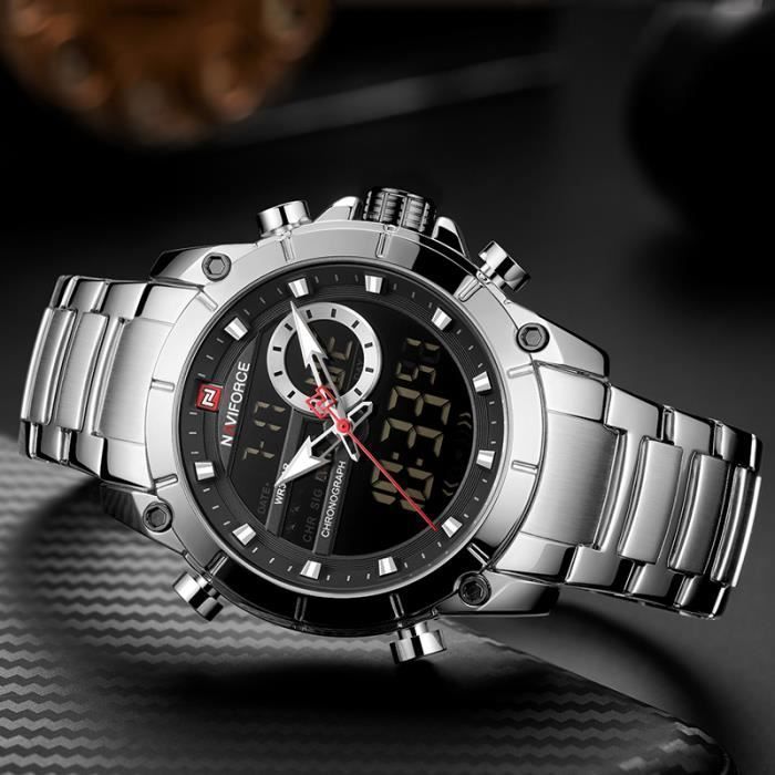 LINGYUE Hommes Double Affichage Quartz Led Montre En Acier Inoxydable Chronographe Hommes Montres - Argent