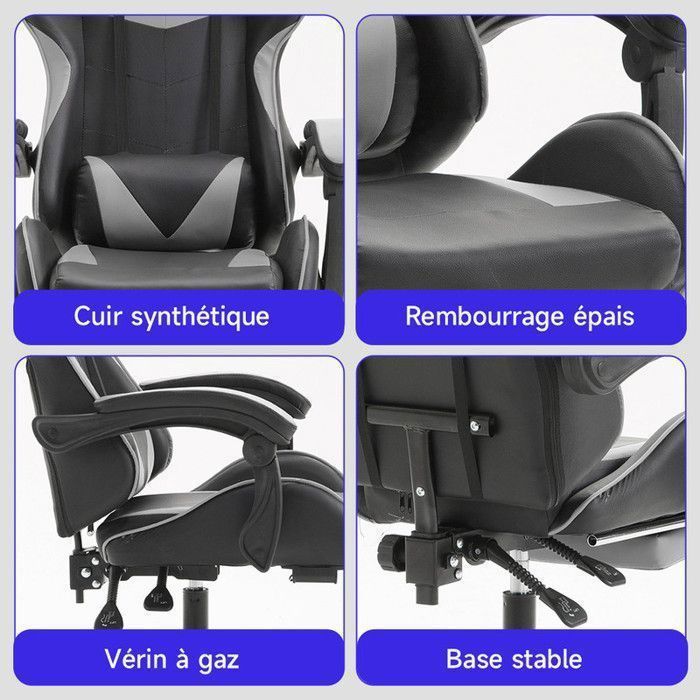 Silla ergonómica para videojuegos, negra y gris, soporte lumbar, reposapiés, orejas de gato, cojín reposacabezas, inclinación ajustable.