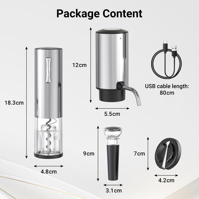 Sacacorchos eléctrico con abridor de botellas recargable, aireador de vino automático, cortador de cápsulas, tapón de vacío y cable USB.