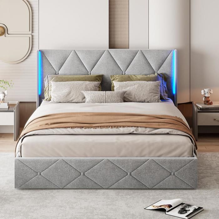 160x200cm Bed - 160cm Storage Bed with Slatted Base Included - Upholstered Double Bed with LED Lighting - in Ice Grey Velvet