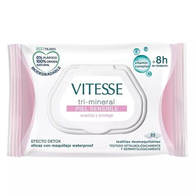 Vitesse Tri-Mineral Detox -meikinpoistopyyhkeet, hellävaraiset meikinpoistopyyhkeet, detox-vaikutus, 1 kpl