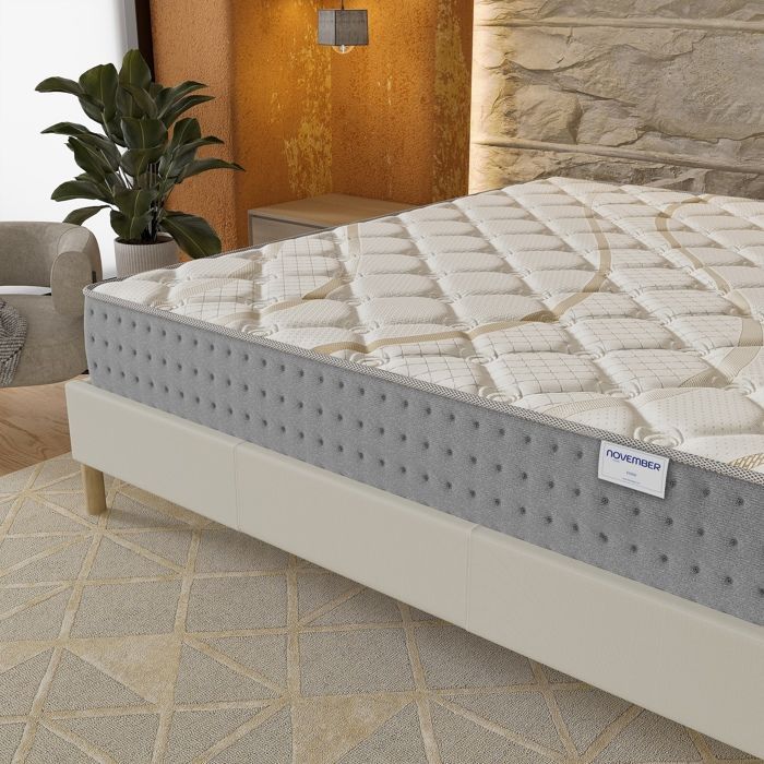 Matras en bedbodemset (140x200cm) - Essem pocketveren & 25cm dik schuim met hoge dichtheid + Stabiele houten bedbodem, witte stof