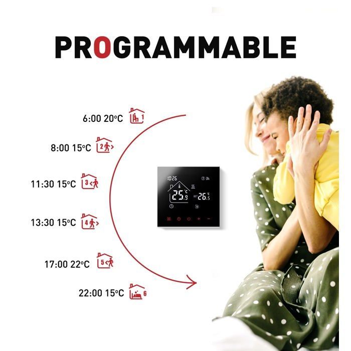 Termostato intelligente Wi-Fi AIMOONSA per riscaldamento a pavimento – Programmabile, compatibile con Alexa/Google, 3A, nero