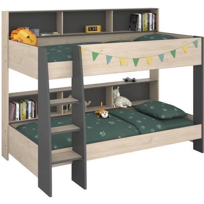 PARISOT Lits superposés enfant - Décor Chêne Jackson et Gris Ombre - Sommiers inclus - 2 x 90 x 200 cm - JIM
