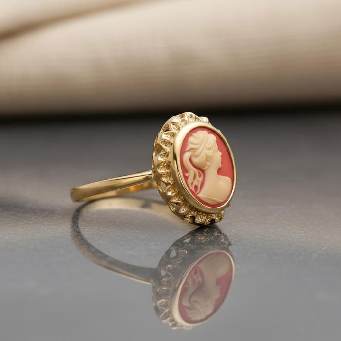 Anillo de mujer con camafeo, chapado en oro de 18 quilates – Camafeo ovalado naranja de 13 x 10 mm – Joyería vintage elegante y atemporal
