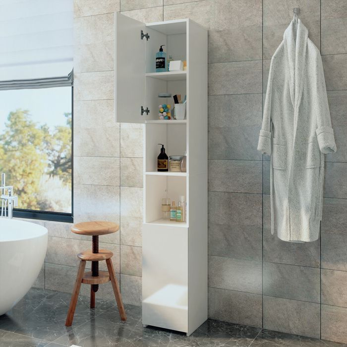 Armario de baño alto y estrecho Mondeer con 2 puertas brillantes, 6 compartimentos ajustables, blanco.
