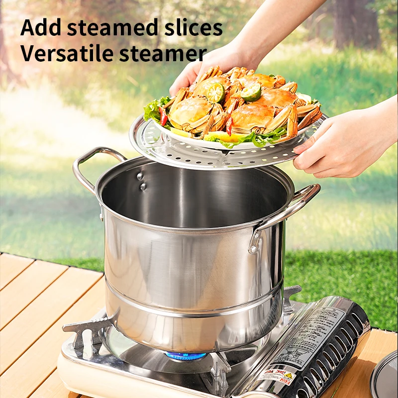Ensemble de casseroles en acier inoxydable 4/5 avec bouilloire et panier vapeur, sans sélection de plaque de cuisson, idéal pour la cuisine et le camping.