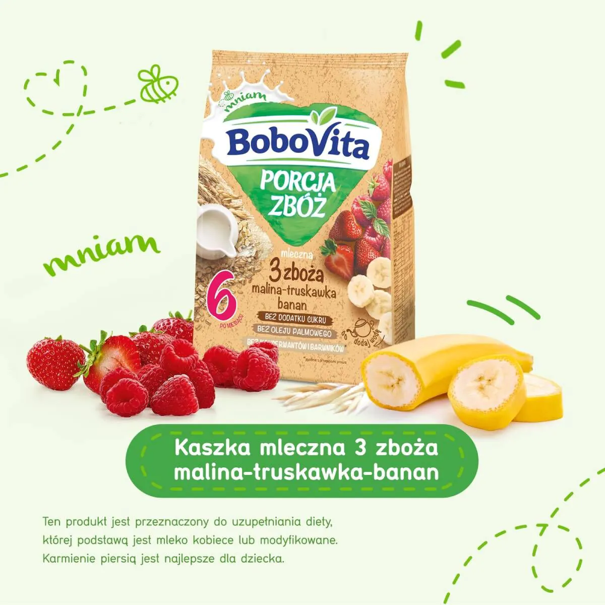 Bobovita Kaszka Porcja Zbóż Mleczna 3 Zboża, Malina, Truskawka, Banan