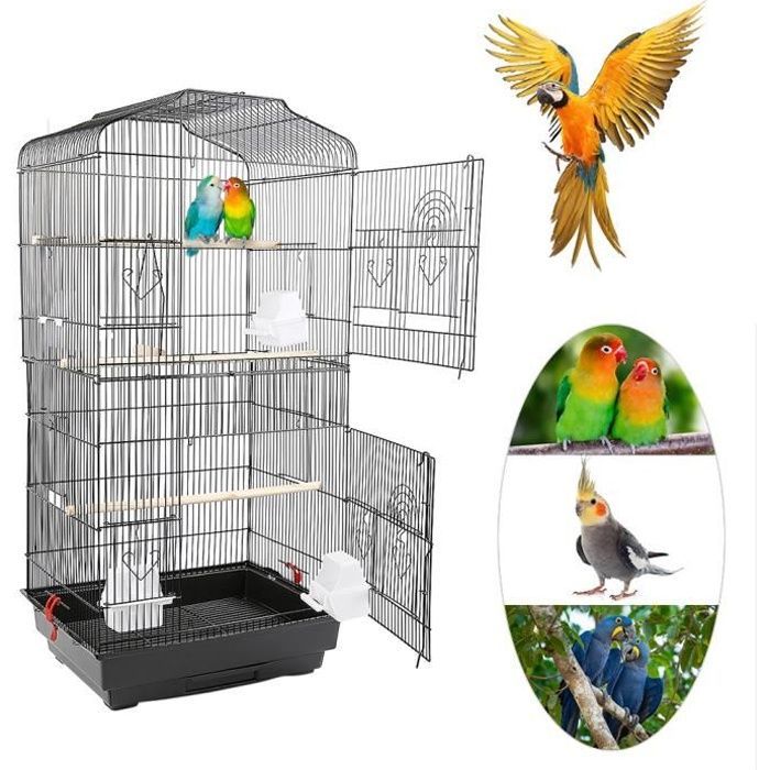 Cage pour Oiseaux Volière de Perroquet Canaries Perruche Canaris 46 x 35.3 x 92 cm, avec 4 mangeoires, 3 perchoirs Noir
