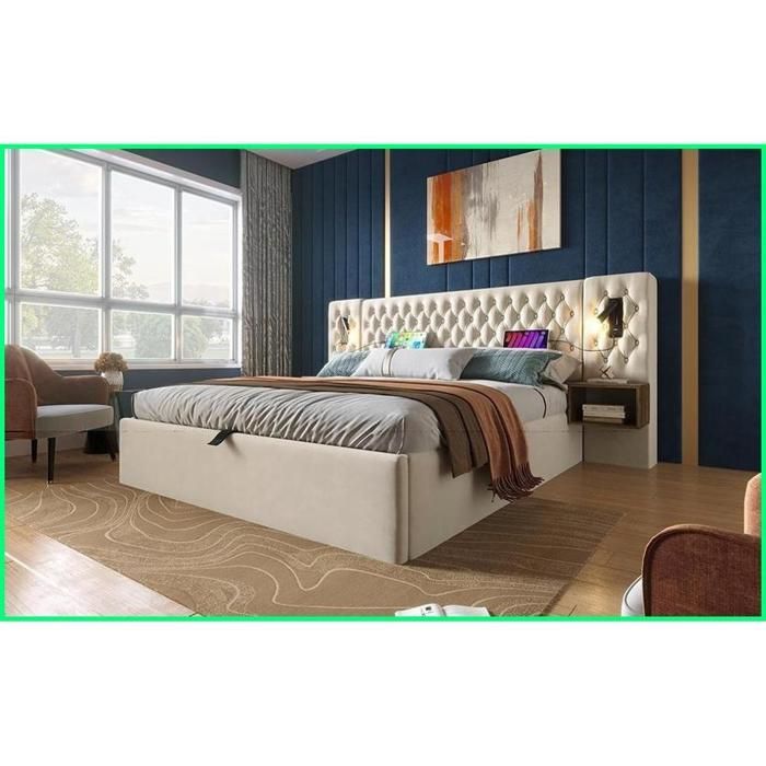 Komplettes Schlafzimmer-Set – 160 x 200 cm großes Bett mit Stauraum (hydraulisch verstellbar) + 2 Nachttische + USB-Lampen – Beige Samt