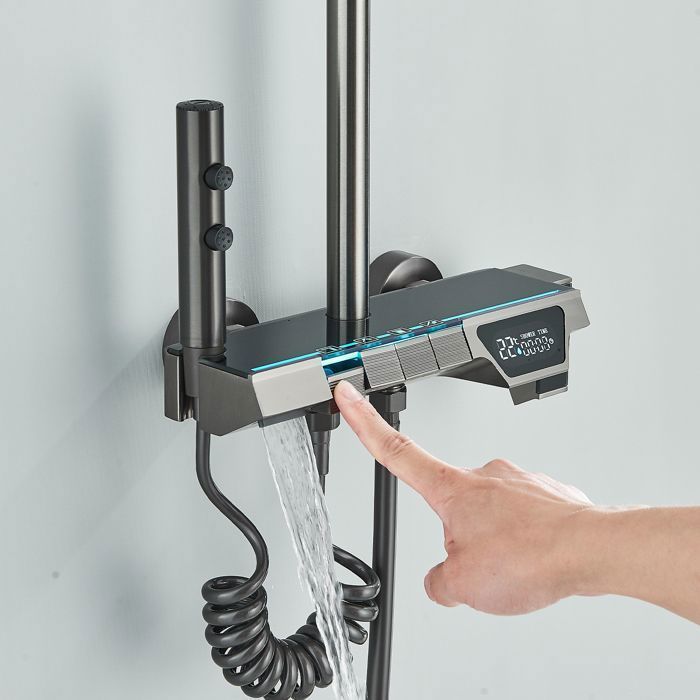 Columna de ducha LED, conjunto de ducha de acero inoxidable con cabezal de ducha gris de 4 funciones.