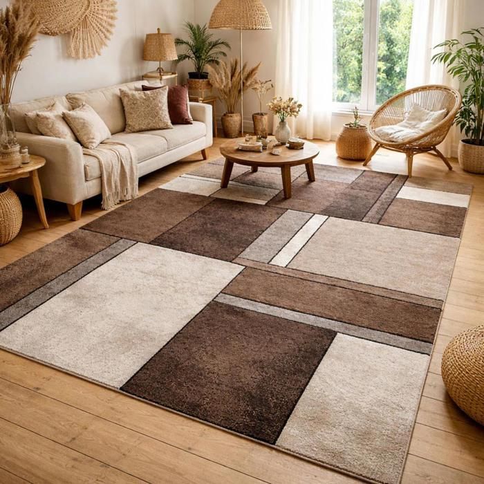 tapis entrée 60x110 tissé beige rectangle motif géométrique LYN8 GEOME