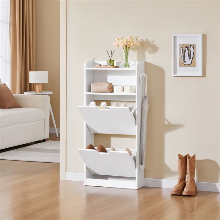 Zapatero Yaheetech de 4 niveles con tapa abatible y 2 cajones desplegables, organizador de zapatos moderno para entrada/puerta ciega, blanco