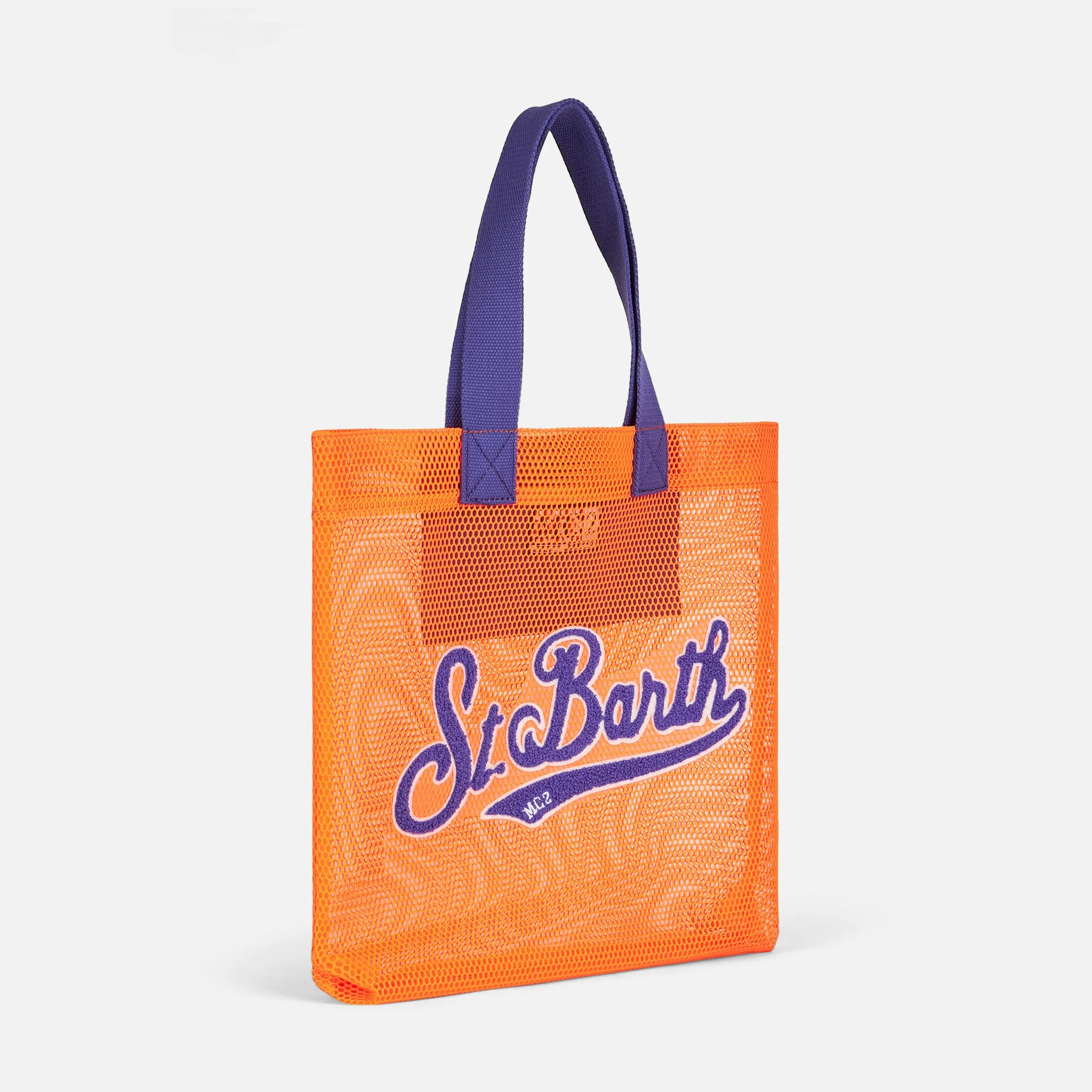 Oranje mesh shopper tas met badstof borduurwerk aan de voorkant