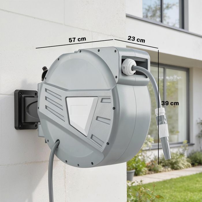 Enrollador de manguera de pared - Outsunny - 30+2 m x Ø 15 mm - Retráctil automático, giro de 180° - Plástico - Gris