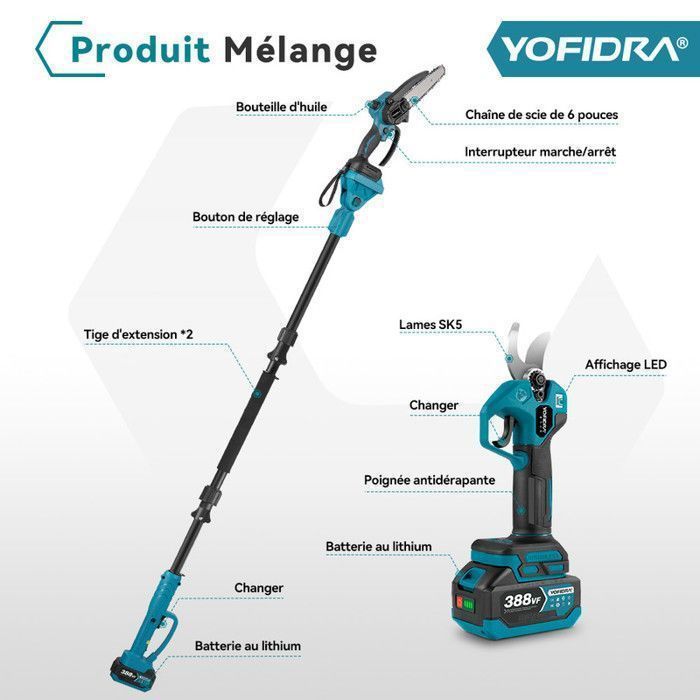 Motosserra de poda de galhos - YOFIDRA - Yofidra - Barra guia de 16 cm (6 polegadas) - 2 baterias de 1,5 Ah - Haste telescópica de 3 posições