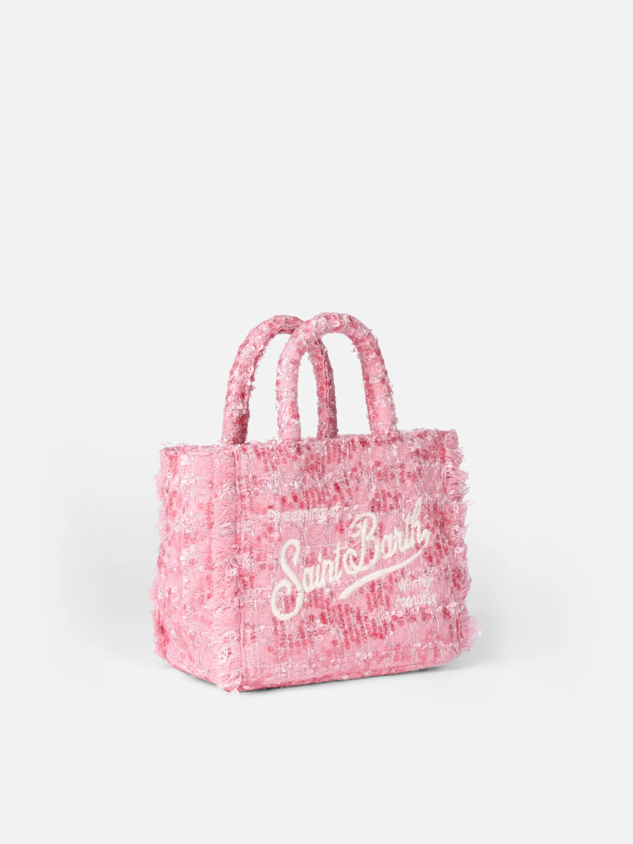 Mini bolso de mano de invierno Vanity | Tweed rosa con efecto lana | Logotipo de Saint Barth | Correa de hombro desmontable | Solapa interior con cremallera | MC2 Saint Barth