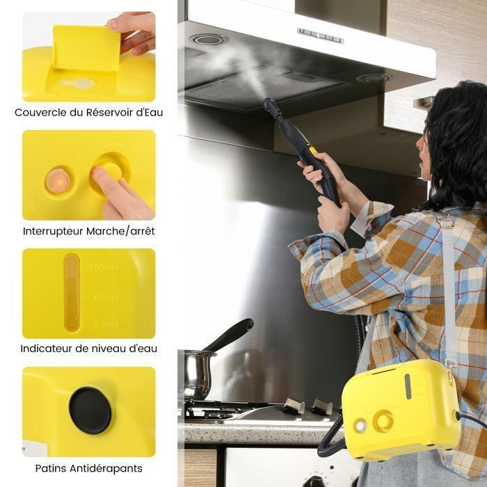 Nettoyeur Vapeur Punaises de Lit 1600W COSTWAY-180℃-3 Bars-Réservoir 1L-Préchauffage en 15s-Intensité Réglable-12 Accessoires-Jaune