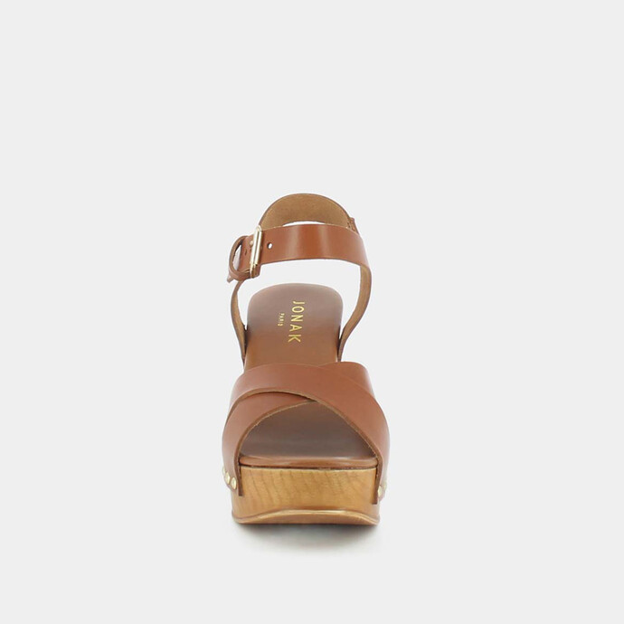 Sandales à semelles compensées et brides croisées  en cuir cognac