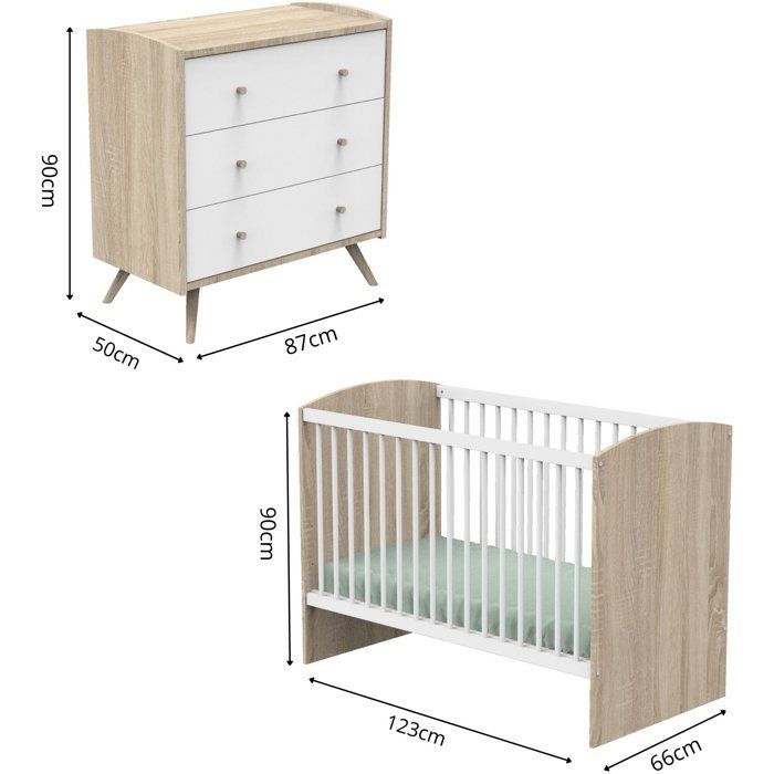 Conjunto de habitación infantil: cuna de 120 x 60 cm + cómoda de 3 cajones - Acceso - Roble dorado/Madera blanca - SAUTHON