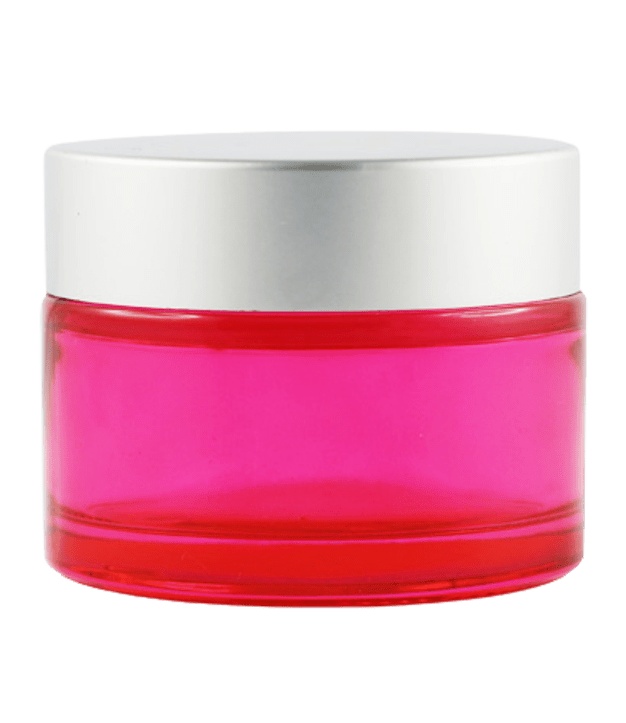 50ml růžová skleněná dóza s matně stříbrným víčkem