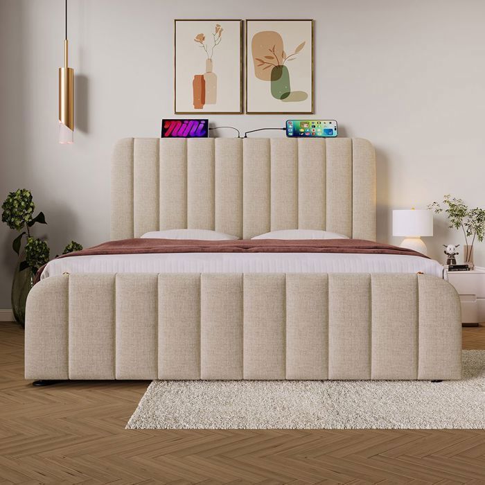 Opbergbed, gestoffeerd bed, dubbel gewatteerd hoofdeinde met USB Type-C oplaadfunctie, bed van 140x200 cm, beige