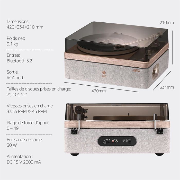 Giradischi STACKSTONE x JAMO DS07 Bluetooth 5.2 con altoparlanti integrati, doppia sospensione antivibrazione e testina AT3600L.