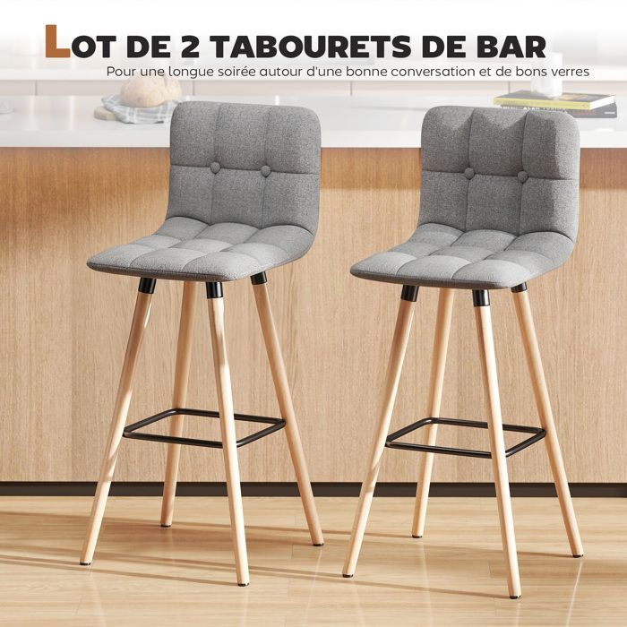 Juego de 2 taburetes de bar - HOMCOM - tapizados - respaldo y reposapiés - patas de madera - tela con aspecto de lino - 41,5 x 47 x 97,5 cm - gris
