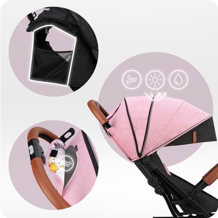 MoMi ESTELLE – Ultra Compact Baby Stroller – Lightweight 7.7 kg – One-Hand Fold – Suitcase Handlebar – Pink