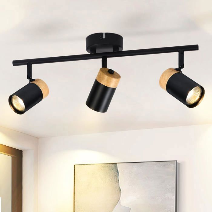 Homefire Plafonnier 3 GU10 Spot Bois - Vintage Noir Spot de plafond Orientable 330° Spot pour salon cuisine hall