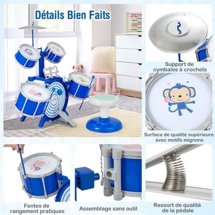 Batería de jazz infantil COSTWAY con taburete: 5 tambores desmontables, platillo, baquetas y pedal. Juguete educativo para niños de 3 años.