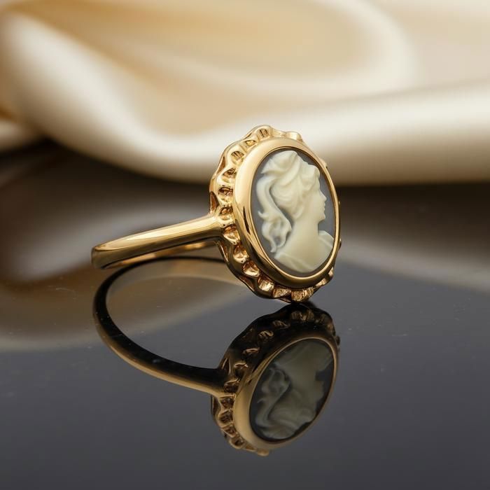 Vintage damesring met camee, 18-karaats verguld – Retro camee-sieraad, Grieks/Romeins profiel, blauw