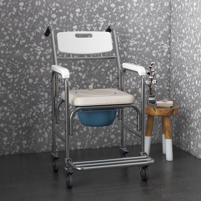 Chaise percée à roulettes - HOMCOM - fauteuil roulant percé douche seau amovible accoudoirs repose-pied - acier HDPE - blanc