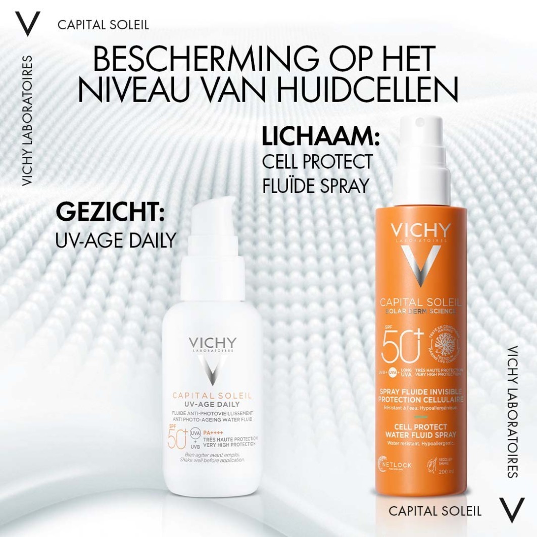 Vichy Capital Soleil Cell Protect Invisible Water purškiamas veido kremas nuo saulės SPF 50+, 200 ml