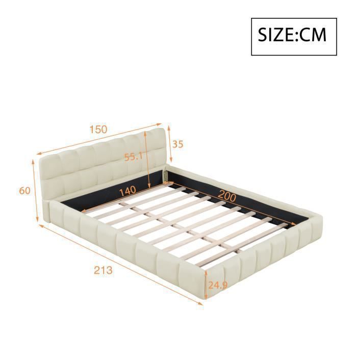 Tweepersoonsbed 140x200 - PERGAR - Gestoffeerd - Zachte rugleuning - Metaal - Beige