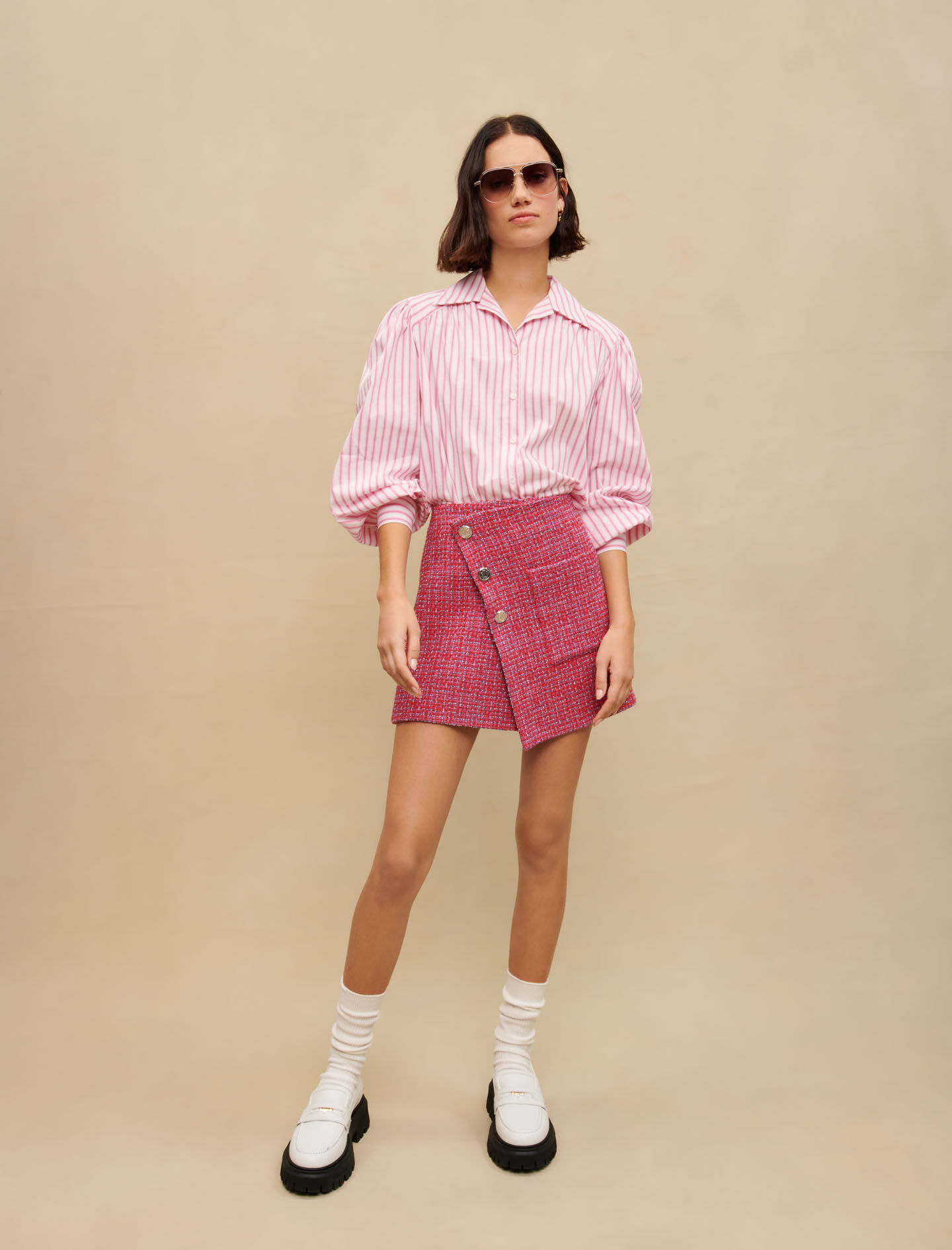 Fustă petrecută din tweed - Fuchsia