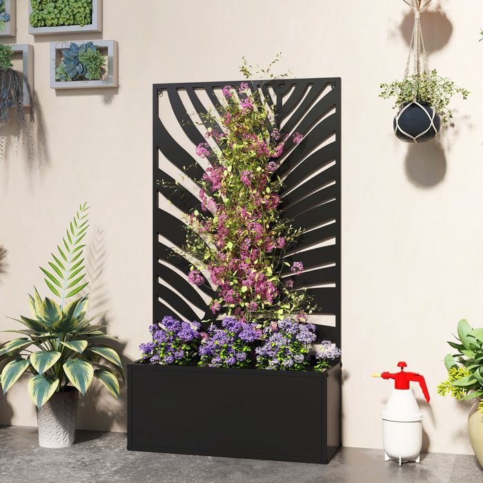 Macetero con enrejado - Outsunny - jardinera con pantalla metálica para mayor privacidad - para patio, jardín, balcón - 61 x 23 x 113 cm - negro