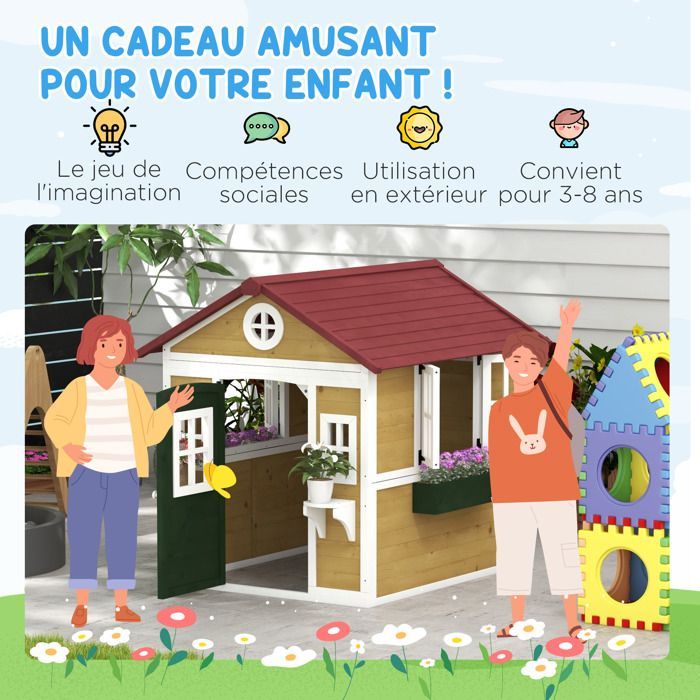 Outdoor playhouse for children with doors, windows, and planters, 114 x 126.4 x 135 cm, beige