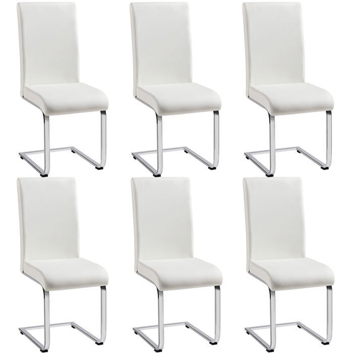 Lot de 6 Chaises de Salle à Manger en Similicuir Polyuréthane avec Pieds Métalliques en U et Haut Dossier, Blanc YAHEETECH