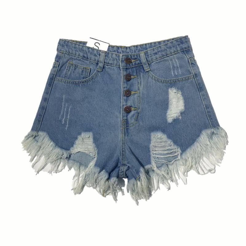 Pantaloncini da donna estivi in denim di cotone con bottoni, vita alta, sexy, strappi, modello ampio, taglie forti, modello D212.