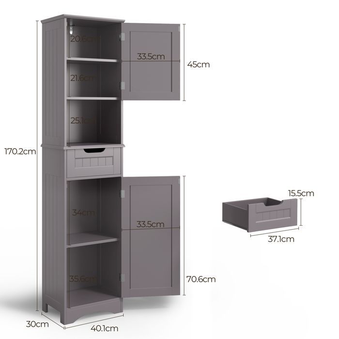 Colonna da bagno - Mobile contenitore autoportante Bealife - 1 cassetto - 5 ripiani regolabili - 2 ante - 40 x 30 x 170 cm - Grigio