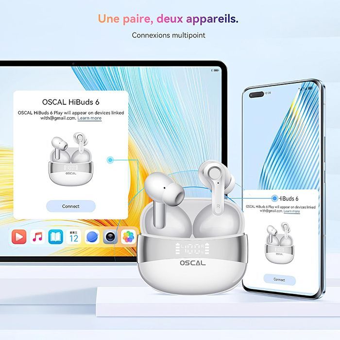 OSCAL HiBuds 6 — Écouteurs sans fil Bluetooth 5.3 IPX7, 30h autonomie, 400mAh, intra-auriculaires blancs