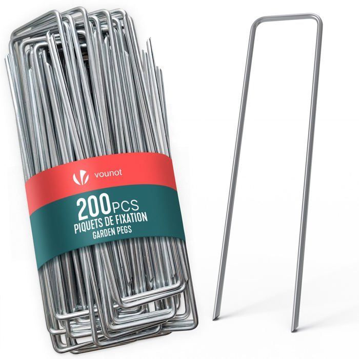 VOUNOT® Paquete de 200 estacas de jardín en forma de U, 150x30 mm, acero galvanizado