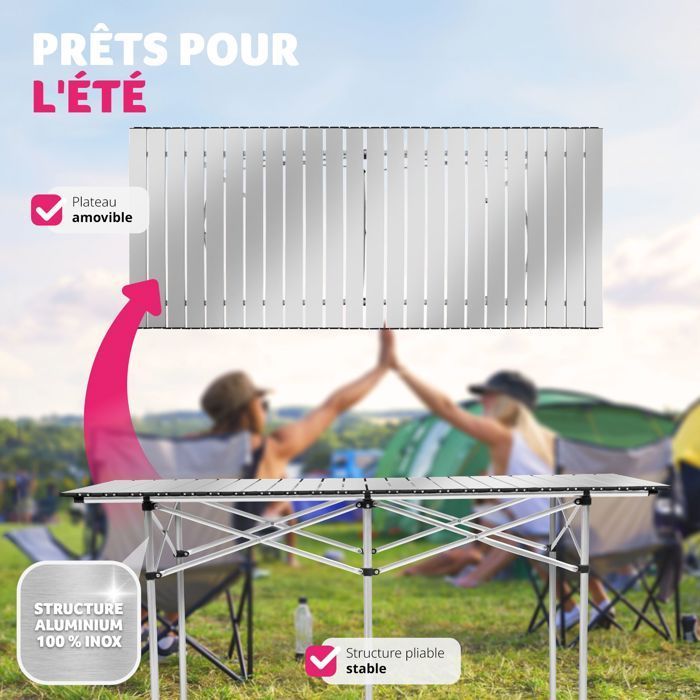 Mesa de picnic - TECTAKE - Mesa plegable de aluminio de 140 x 70 x 70 cm, resistente a la intemperie, con bolsa de transporte - Gris