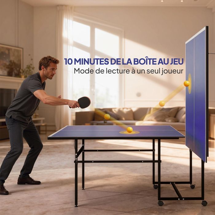 Table de tennis de table - SPORTNOW - ping-pong pliable compacte 4 roulettes intérieur - bois - 274x152,5x75,5cm - bleu