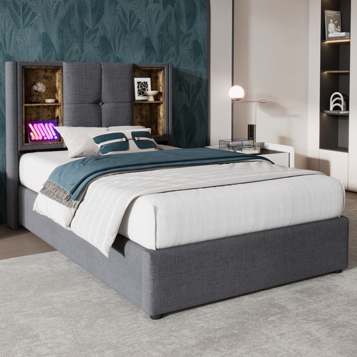 Cama estofada 90 x 200 cm - Carregamento sem fio USB-C - Espaço de armazenamento - Madeira cinza